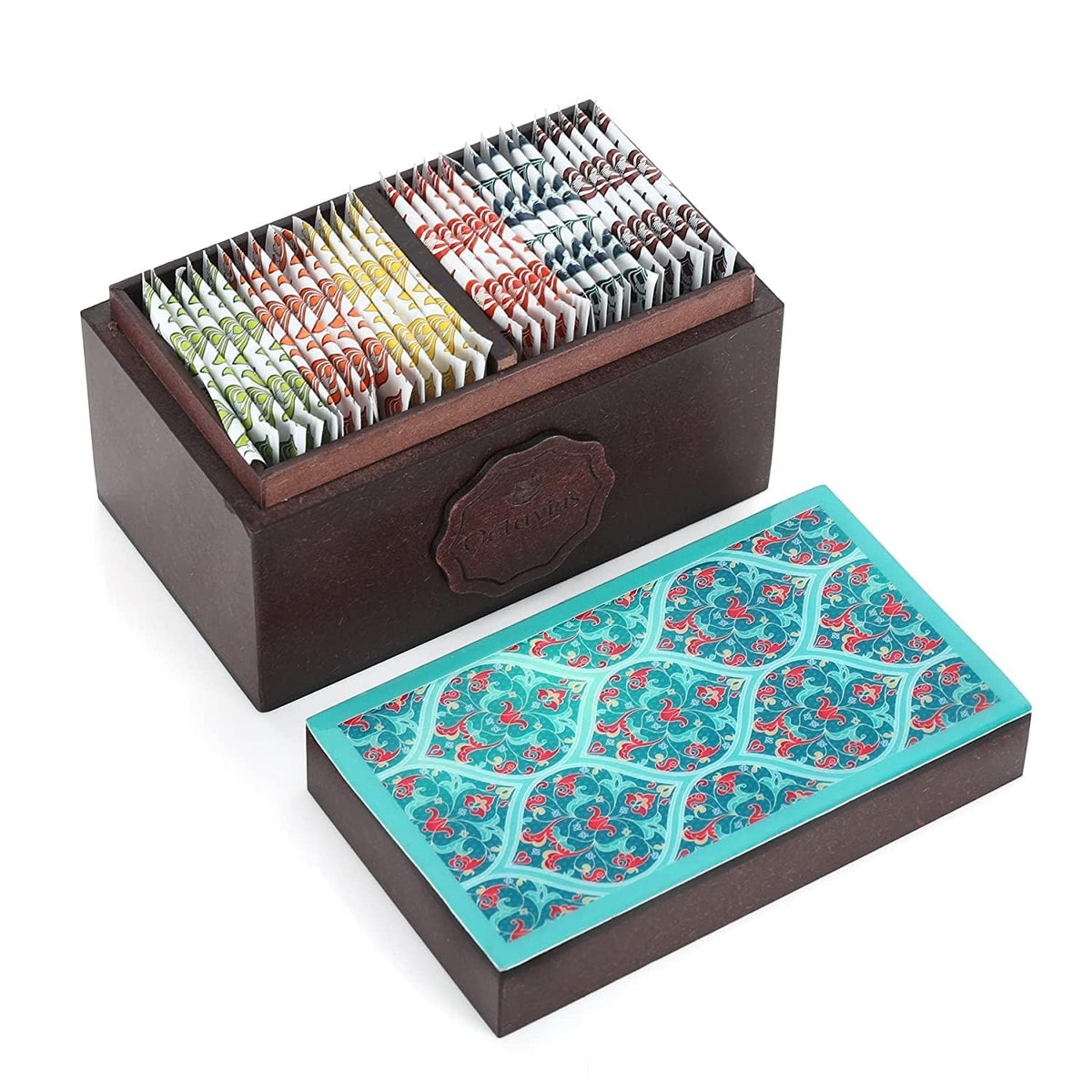 Octavius Assortment of 6 Black & Green Teas - 30 Enveloped Tea Bags in Ornate Floral Art Wooden Box | Tea Sampler Assortment Box Tea Variety Pack | Tea gift for Tea Lovers, Family, Friend