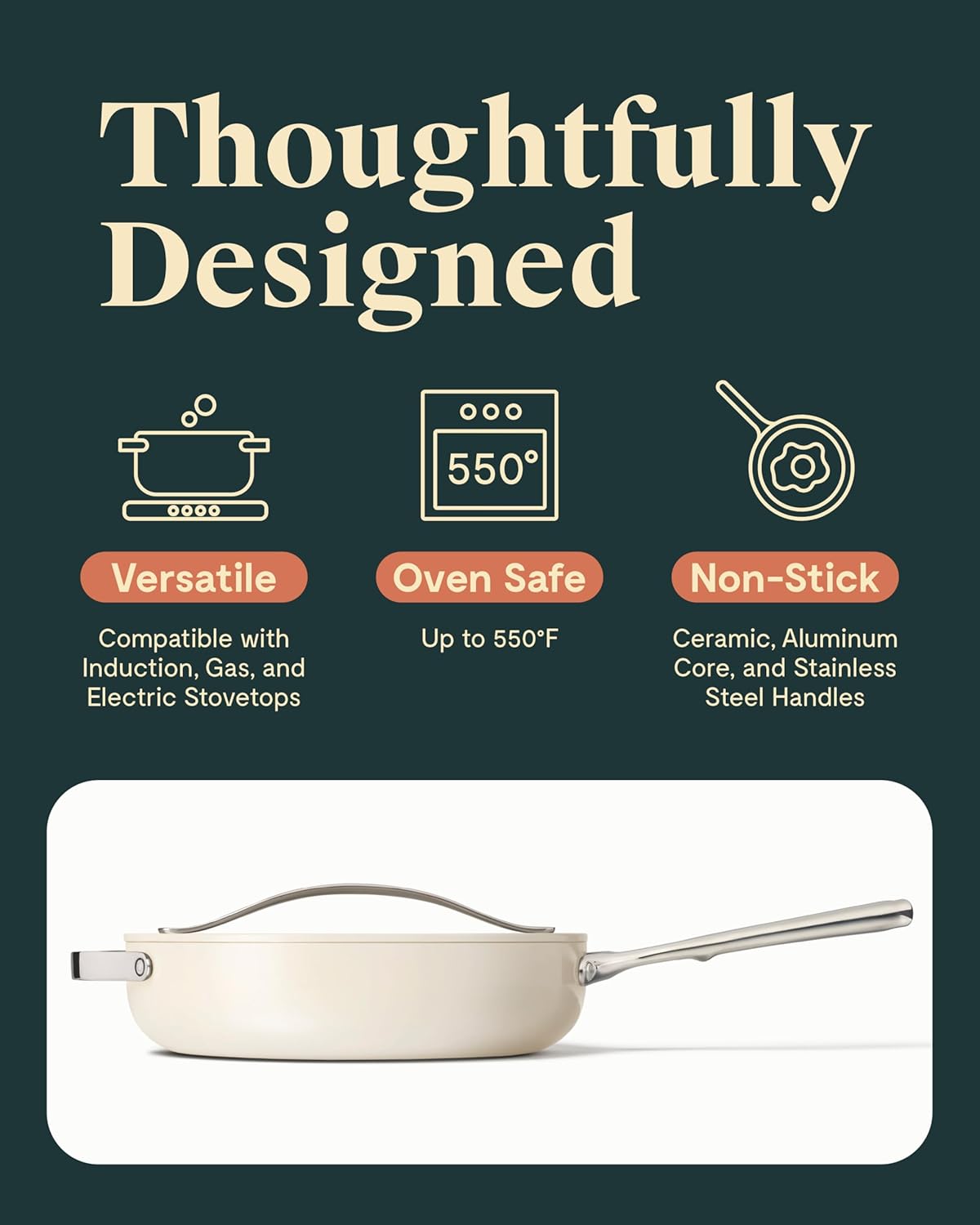 Caraway Nonstick Ceramic Sauté Pan with Lid (4.5 qt, 11.8") - Non Toxic, PTFE & PFOA Free - Oven Safe & Compatible with All Stovetops (Gas, Electric & Induction) - Cream