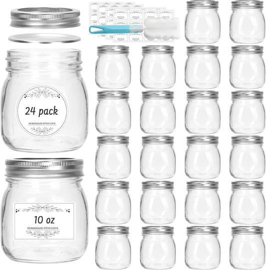10 oz Glass Mason Jars, 24 Pack Regular Mouth Glass Canning Jars with Silver Aluminum Lids and Bands, Airtight Jam Jars for Food Storage, Pickling, Fermenting, Honey, Jelly, DIY Candles Decor