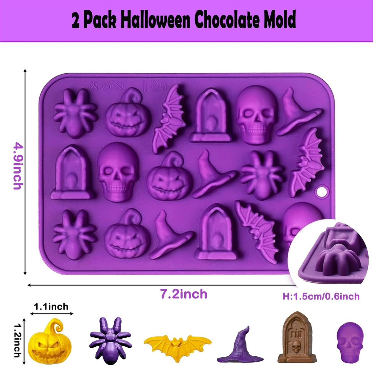 Halloween Chocolate Mold Silicone,18 Cavity Candy Gummy Mold with Pumpkin Wizard Hat Bat Spider Tombstone for Baking Chocolate Jelly Gummy Dessert (2pcs)