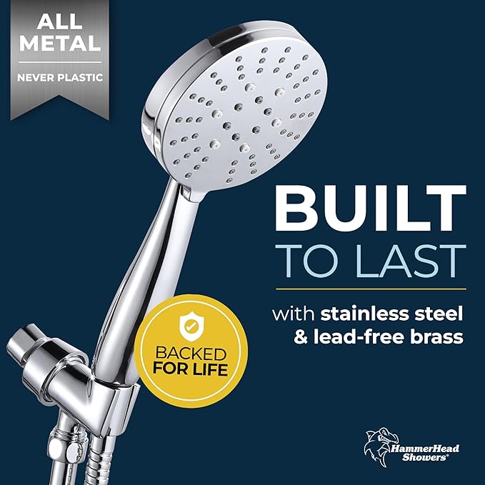 HammerHead Showers® Solid Metal 3-Spray Handheld Shower Head with Long Hose and Holder - CHROME - 2.5 GPM High Pressure Shower Head with Handheld Sprayer - WIDE, MASSAGE, and MIST Sprays