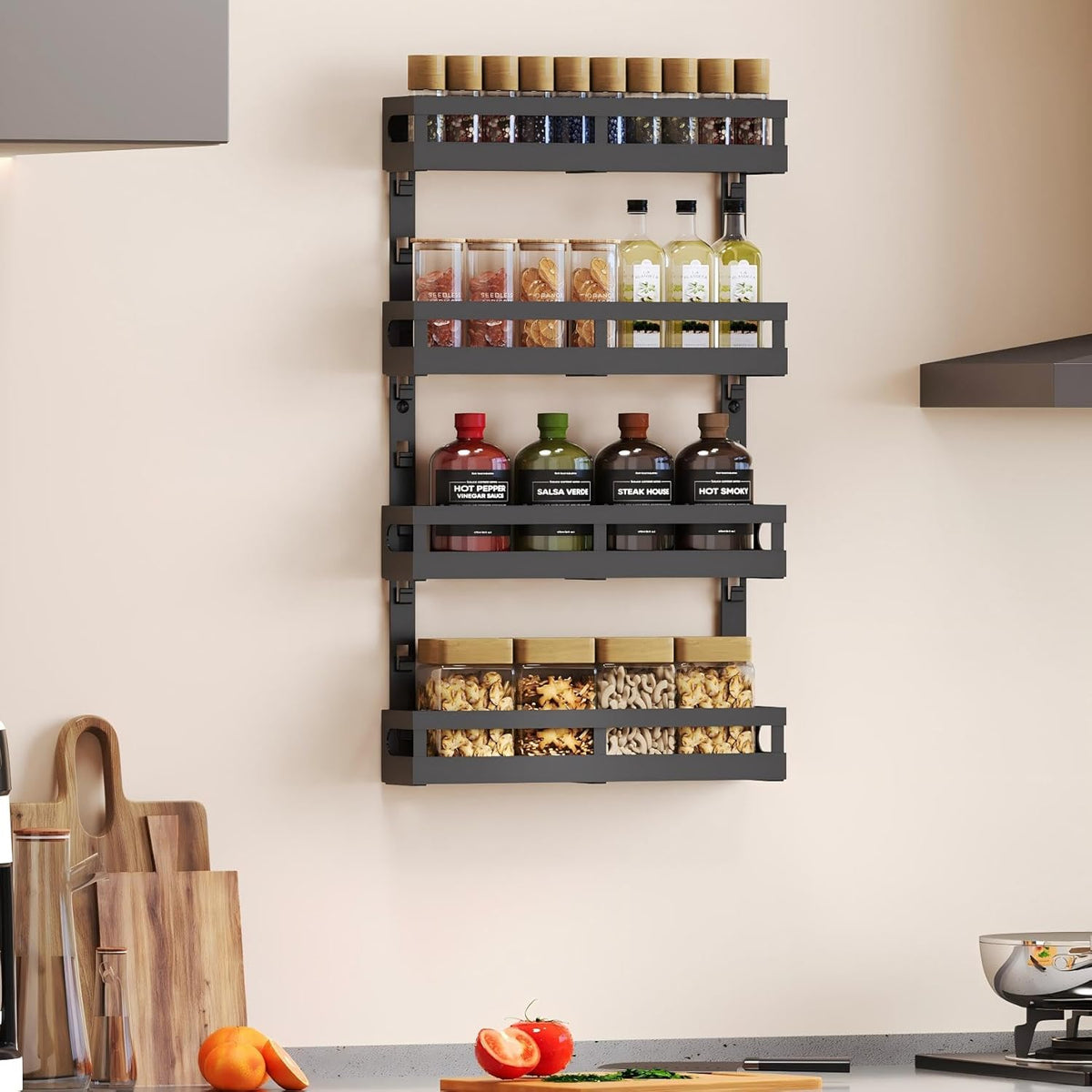 4-Tier Small Wall Mounted Spice Rack Organizer, Hanging Spice Shelf for Cabinet or Pantry, Height-Adjustable Seasoning Holder for Kitchen Storage, Black
