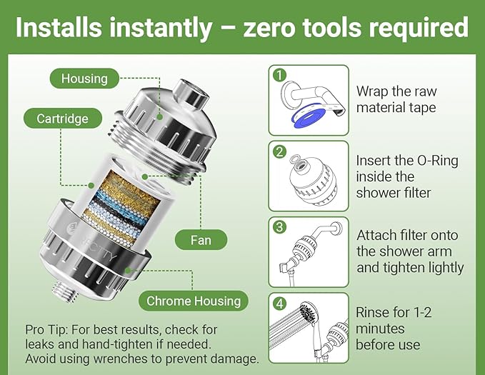25-Stage Shower Filter prevents scale buildup,Revitalize Hair Skin & Nails with Purifying Water, softener hard water,99% Lead Chlorine, Fluoride & Chemicals removed. High-Output Fan Technology,Chrome