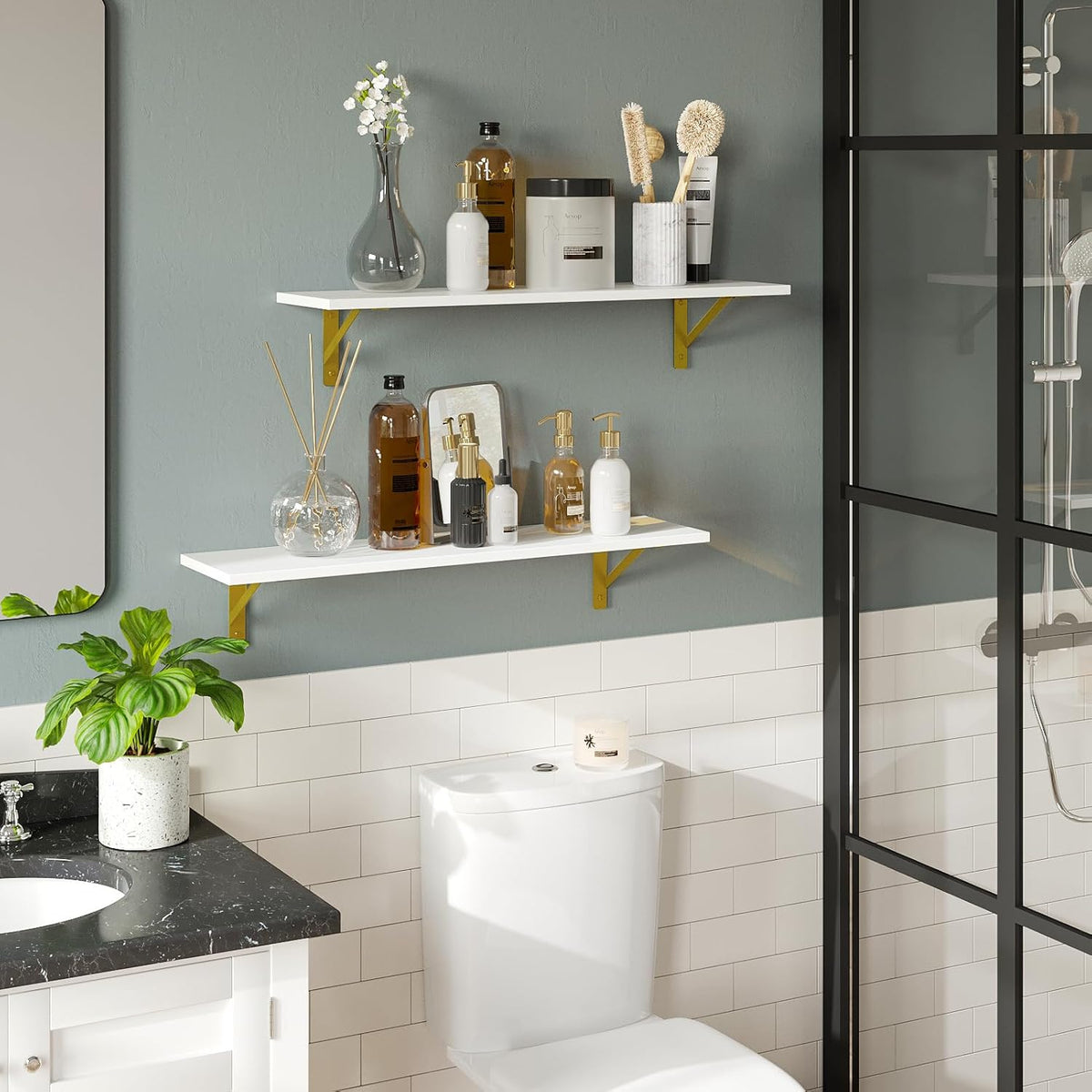 DINZI LVJ Long Wall Shelves, Set of 4, 31.5Inch Wall Mounted Shelves, Floating Shelves for Wall Storage with Metal Brackets, for Living Room, Bathroom, Bedroom, Kitchen, White and Gold