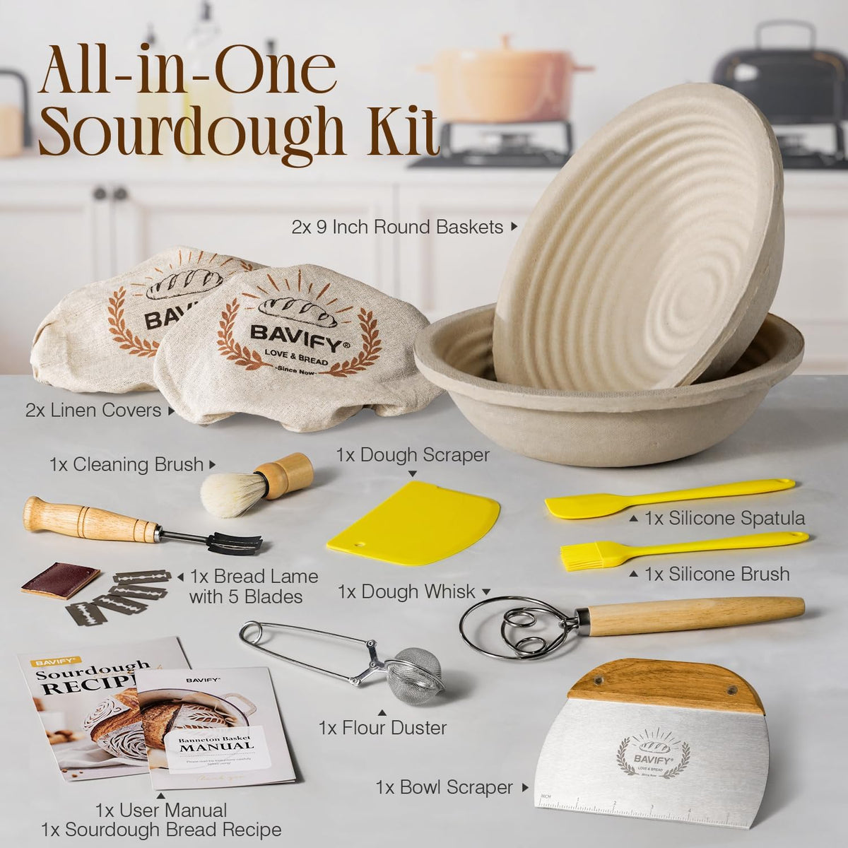 Wood Pulp Banneton Bread Proofing Basket Set, 9" 2.2LB Round Sourdough Banneton Basket Kit, Sourdough Bread Making Tool Baking Supplies with Proofing Bowl, Cover, Dough Whisk, Lame, Scraper