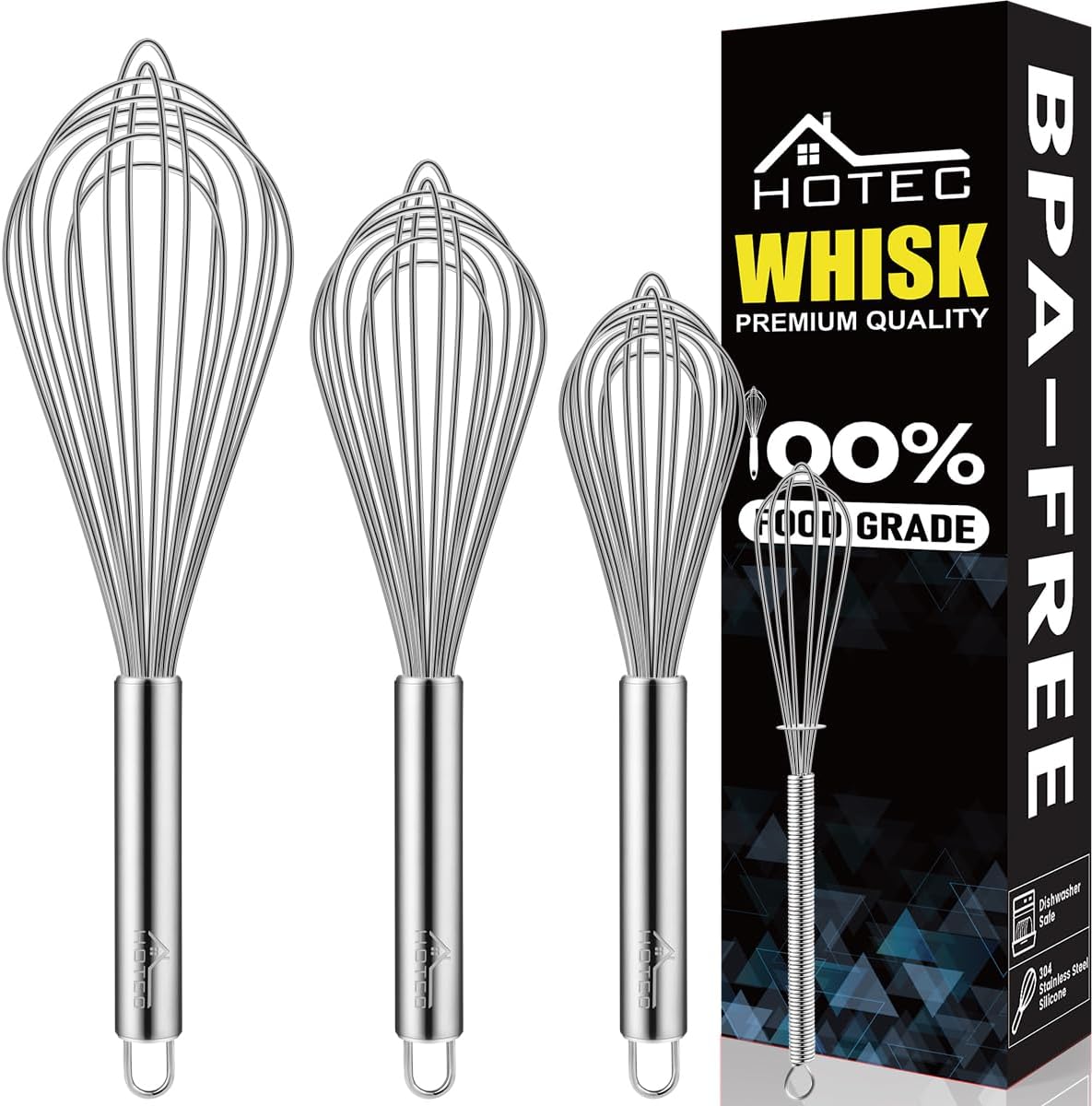 HOTEC 4 Pieces Stainless Steel Whisks Set Wire Whisk Balloon Whisk Egg Beater Kitchen Utensils for Stirring, Beating, Blending
