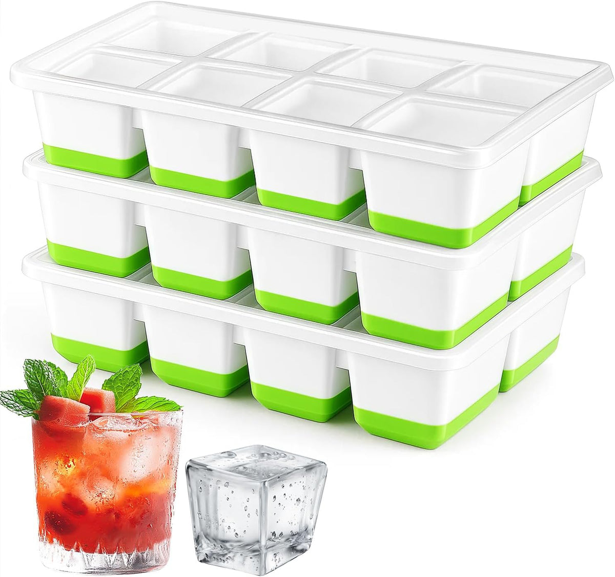Ice Cube Tray with Lid, Alinana 3-Pack Upgraded Large Silicone Ice Cube Tray with BPA-Free Removable Lids, Easy Release Ice Mold for Cocktails, Whiskey, Juice (Green)