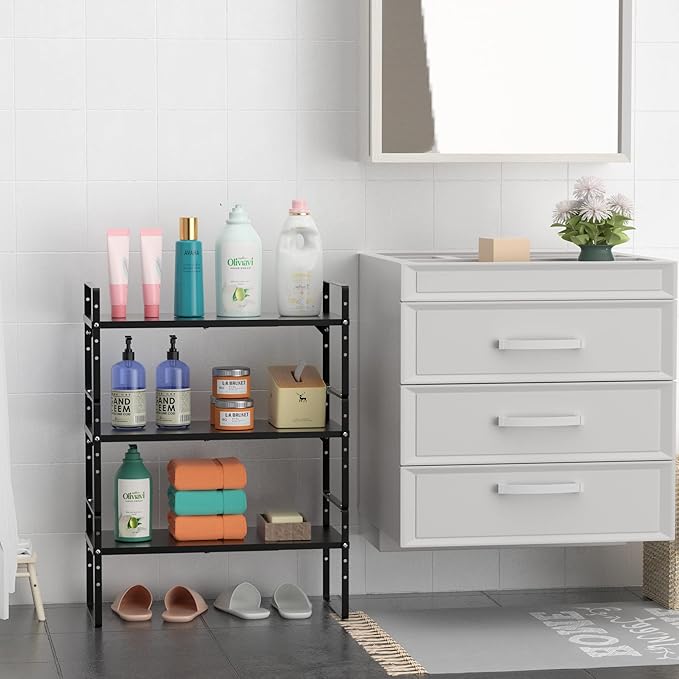 iPEGTOP Expandable Cabinet Storage Shelf Organizer Rack, Heavy Duty Cupboard Stand Spice Rack Adjustable Height Pantry Garage Shelf Space Riser for Counter Kitchen Organization, Black, 1 Pack
