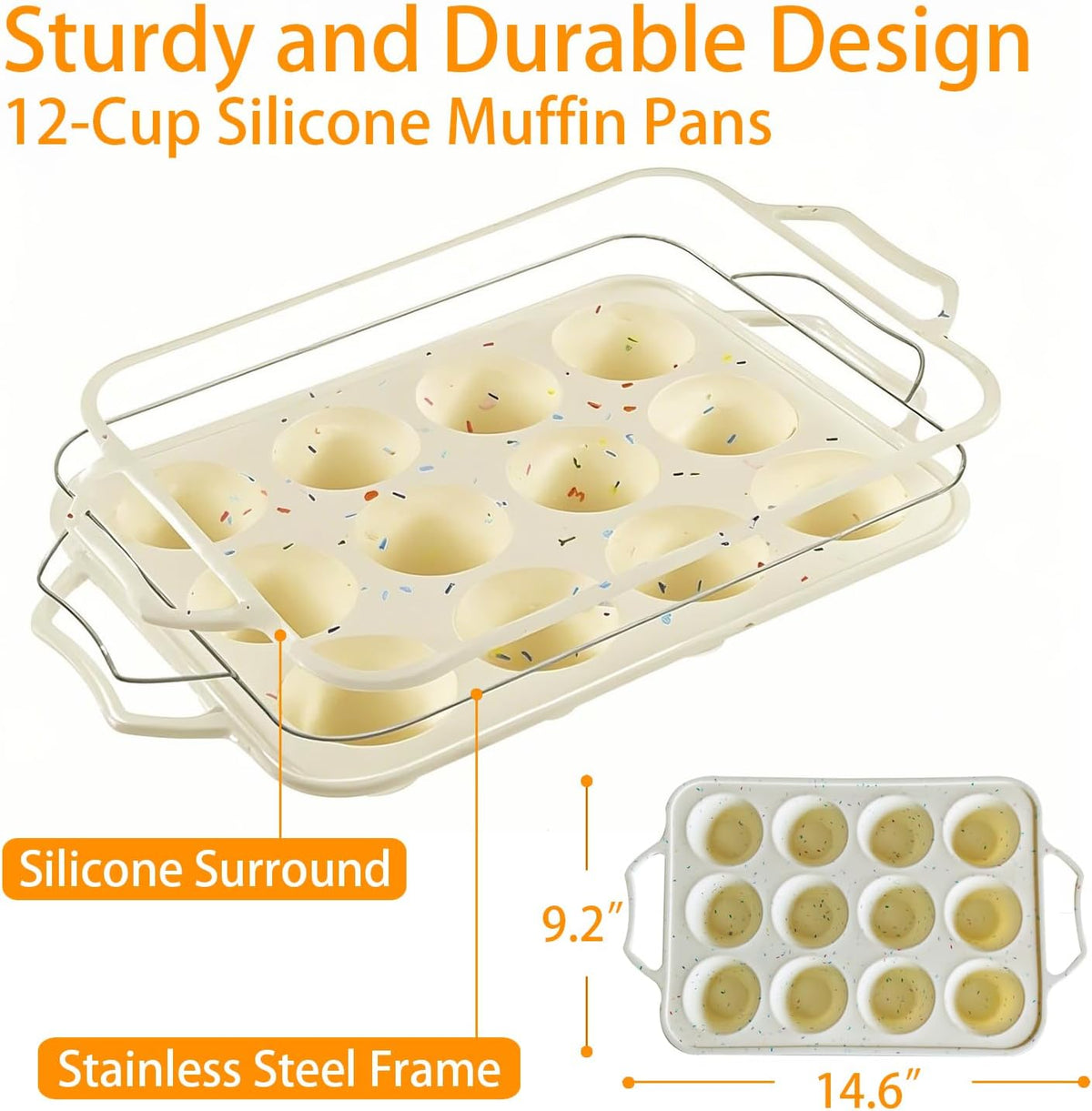 SOV Silicone Muffin Pan for Baking with Metal Reinforced Frame, Non-Stick 12 Cups Muffin Pan for Muffin Cakes, Tart, Bread,Cupcake Baking Pan Molds, Oven & Dishwasher Safe, 2 packs (white-D)