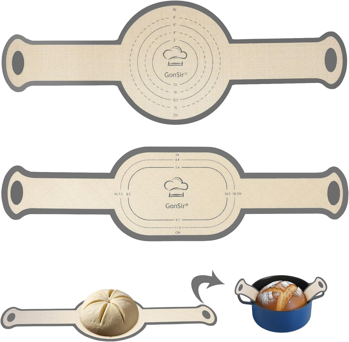 Silicone Bread Sling, Round and Oval Dutch Oven Baking Mat with Upgraded Handles, Non-Stick & Easy Clean Baking Mat to Transfer Sour Dough Easily, 2 Pcs Reusable Bread Mat Set