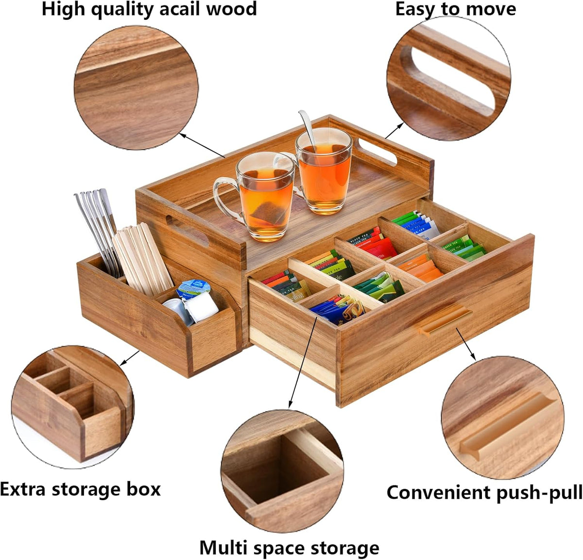 Acacia Wood Tea Bag Organizer, Wooden Tea Bag Storage Box Holder with Drawer for Kitchen Office Tea Bar Countertop