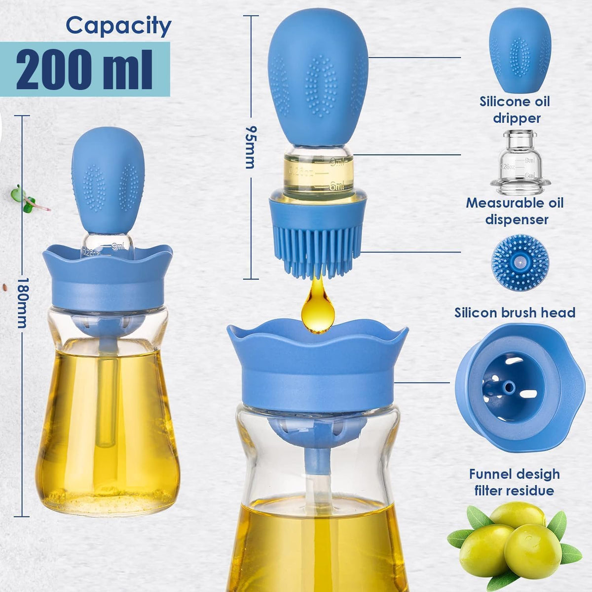 Oil Dispenser Bottle with Silicone Brush, 200ML 2 in 1 Silicone Dropper Measuring Oil Dispenser Bottle for Kitchen Cooking, Frying, Baking, BBQ Pancake, Air Fryer, Marinating - Blue