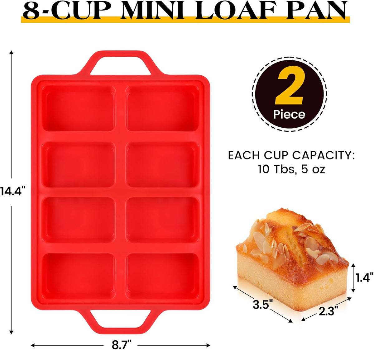 2 Pcs Mini Loaf Pans Silicone, Nonstick Small Bread Pans for Baking, Tiny Meatloaf Pan with Metal Reinforced Frame 8 Cavity (Red)
