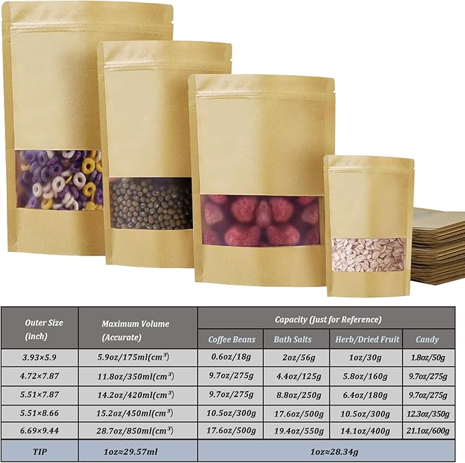 100 PCS Resealable Bags, Stand Up Kraft Paper Bags with Matte Window, Zipper Lock Food Storage Bags for Small Business and Home, 4.72 * 7.87 Inch Reusable Sealable Bags for Packaging
