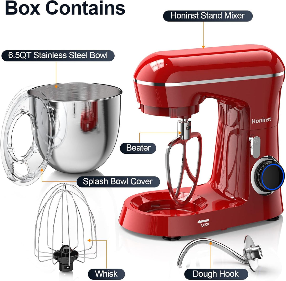 Stand Mixer, 6.5QT 10-Speed Tilt-Head Electric Stand Mixer, 3-In-1 Kitchen Mixer with Bowl, Dough Hook, Whisk and Beater, Food Mixer for Baking, Cake and Most Home Cooks, Red