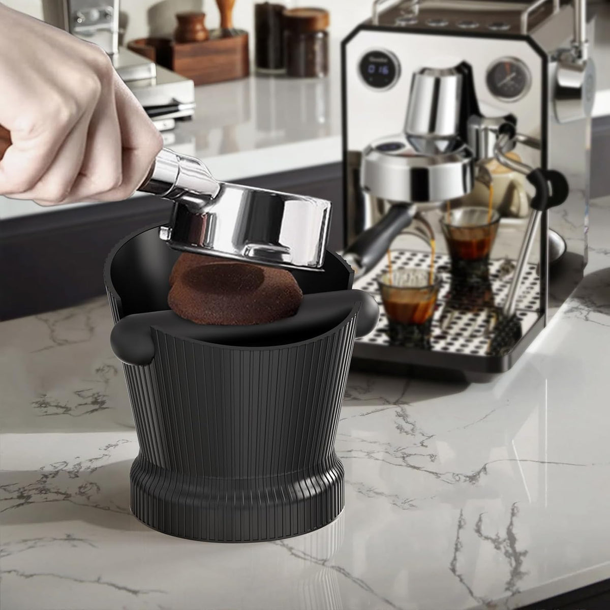 Espresso Knock Box, Coffee Knock Box with Durable Knock Bar and Non-Slip Base, Knock Box for Machine Accessories (Black Stripe)