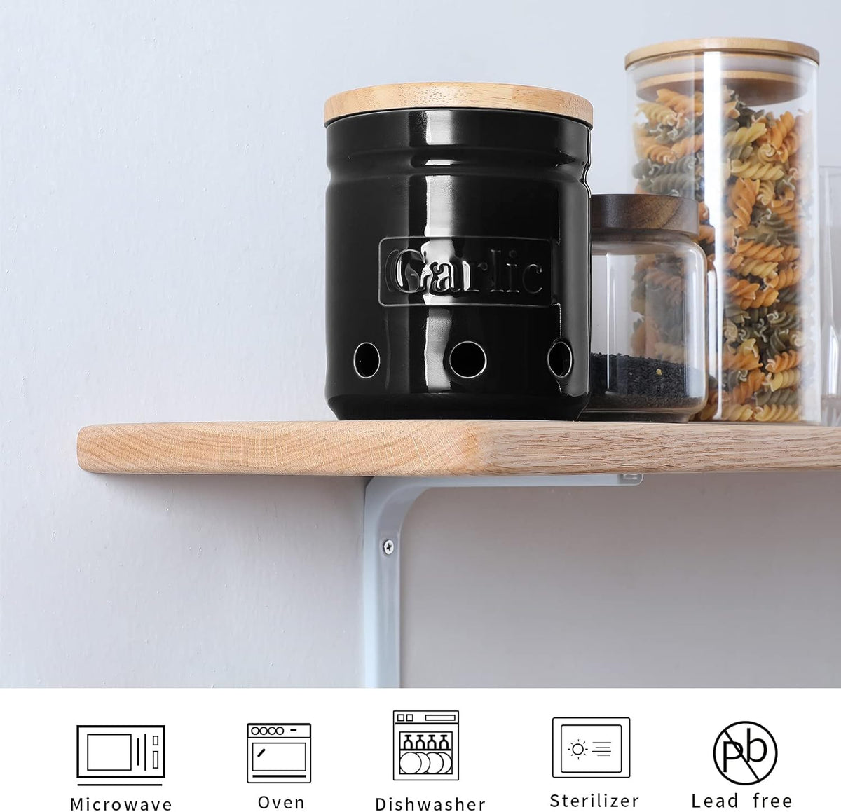 ONTUBE Large Garlic Keeper with Wooden Lid, Ceramic Garlic Holder Storage, Garlic Container for Kitchen, Garlic Saver to Keep Your Garlic Cloves Fresh Longer 4.5-Inch, Black