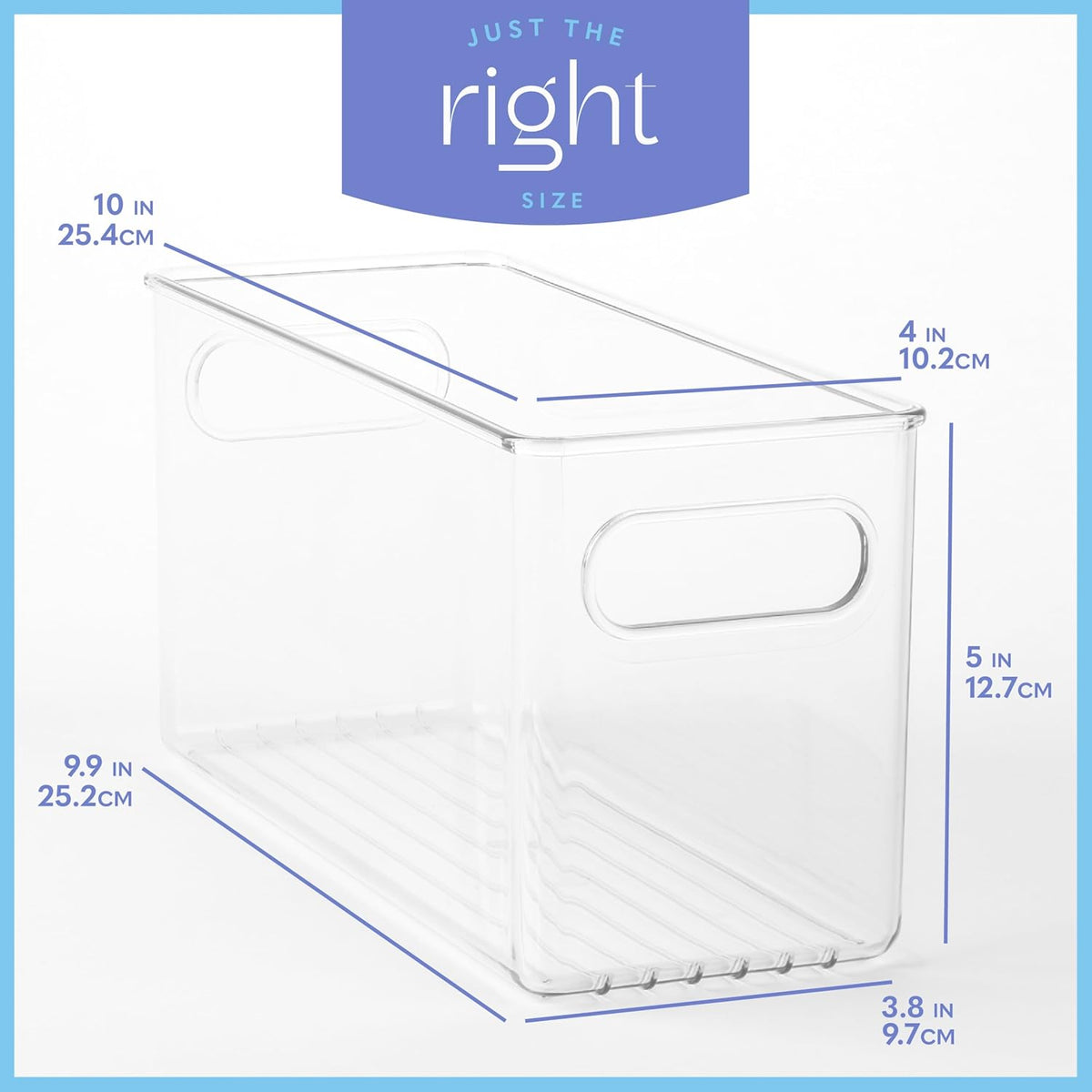 Plastic Food Storage 4 Pack Clear Container Bin with Handles for Organizing Kitchen, Pantry, Refrigerator, Freezer, Pantry, Cabinet, Closet, Bathroom. 10”x4”x5”
