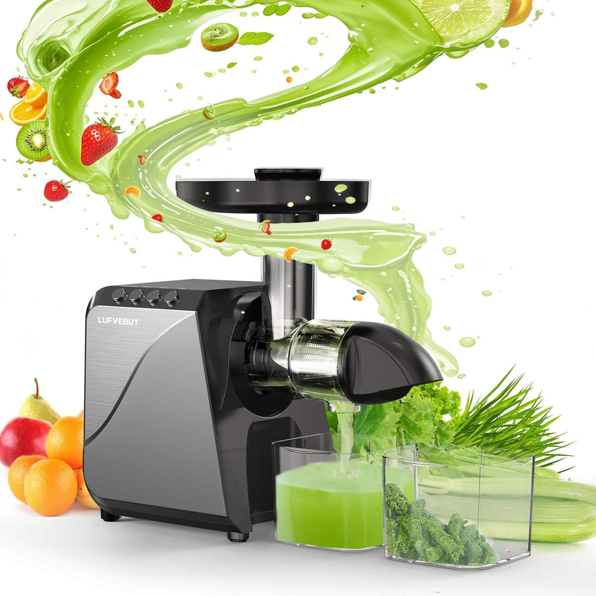 Cold Press Juicer for Celery Carrot Orange- Soft/Hard Fruits Vegetables, 250W Slow Juicer Machines BPA-Free,Reverse Function, Easy to Clean, with Big Cup,Pulp Container,Cleaning Brush
