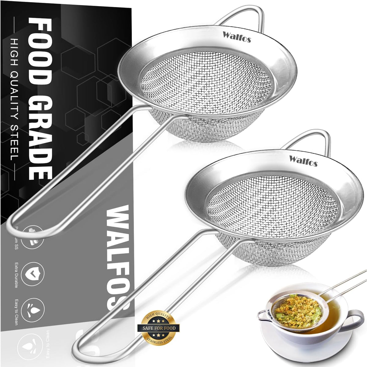Walfos Small Fine Mesh Tea Strainer, Mini Stainless Steel Sieve with Handle, 2.8 Inch Kitchen Metal Sifter Strainers for Tea, Juicing, Coffee, Cocktail, Powdered Sugar, Matcha (2 Pack)