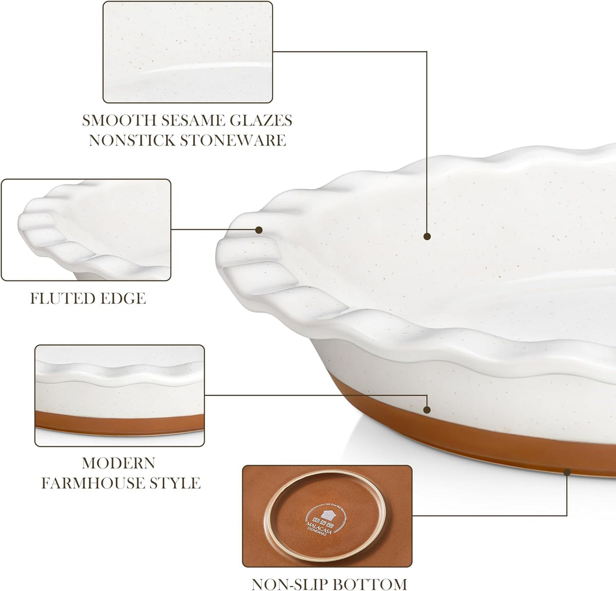 MALACASA Ceramic Pie Pan Set of 2-9 Inch Quiche Baking Dish Nonstick Pie Plate, Deep Dish Scratch-Resistant Pie Pan for Apple Pie Pot Pie, Series TARA