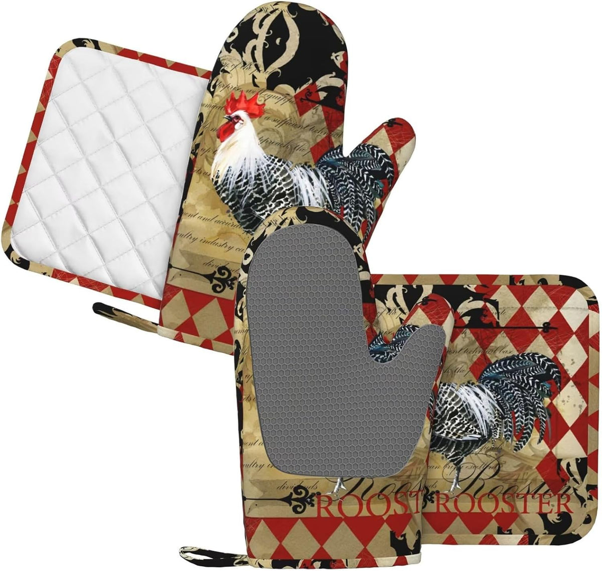 Rooster Print Oven Mitts and Pot Holders Sets Silicone Rooster Kitchen Mitts Potholders Heat Resistant 4Pcs Oven Gloves Hot Pads for Kitchen Baking Cooking BBQ Grilling