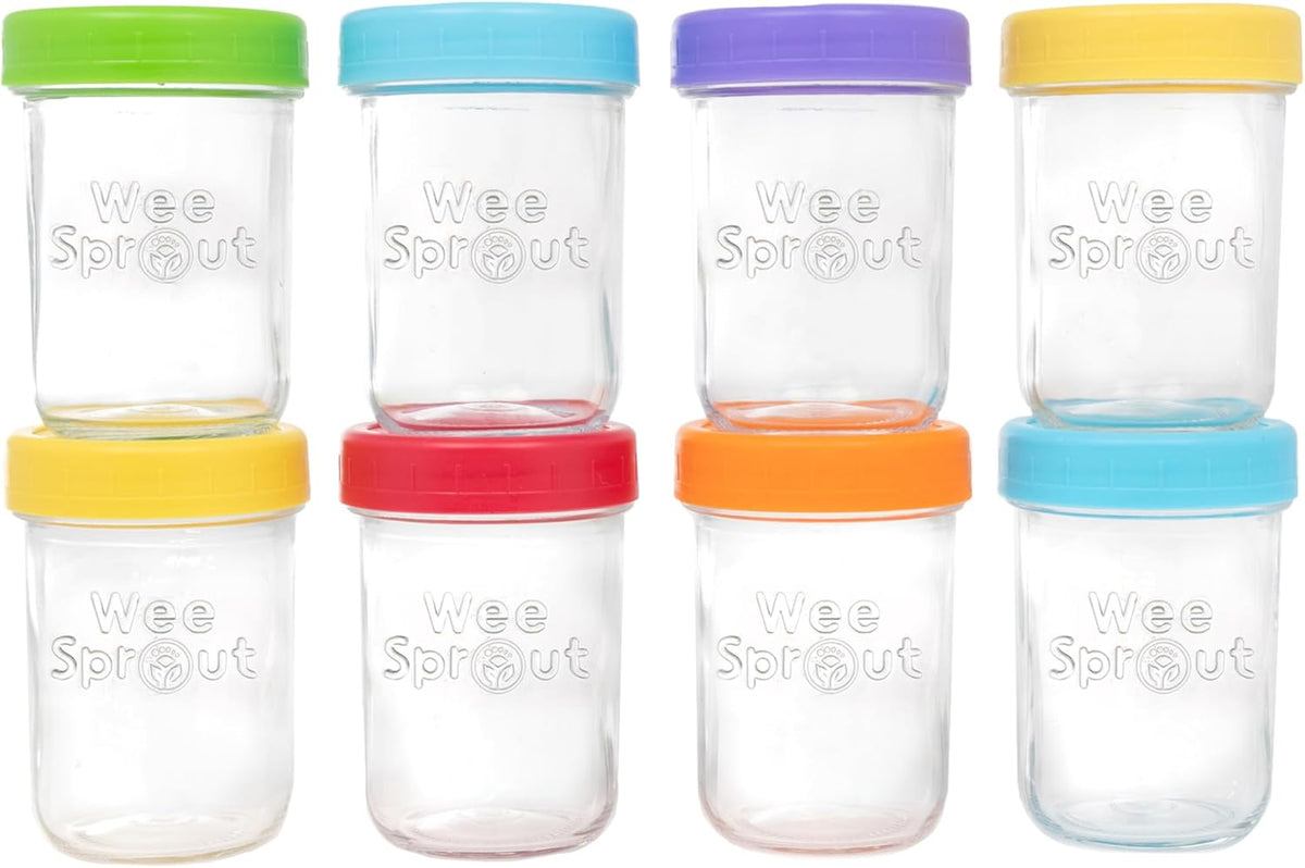 WeeSprout Glass Baby Food Storage Jars w/Lids (8 oz, 8 Pack Set) Snack, Puree, Reusable Small Containers, Breast Milk, Fridge or Freezer, Microwave & Dishwasher Safe, Essential Must Have for Infants