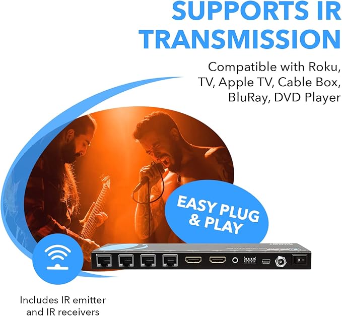 OREI 4K 1x4 HDMI Extender Splitter Over CAT6/7 Ethernet Cable Up to 4K@30Hz upto 165 ft-1080P@60Hz upto 230 ft, IR control, EDID, HDMI Loop Out (HD14-EX165-K)