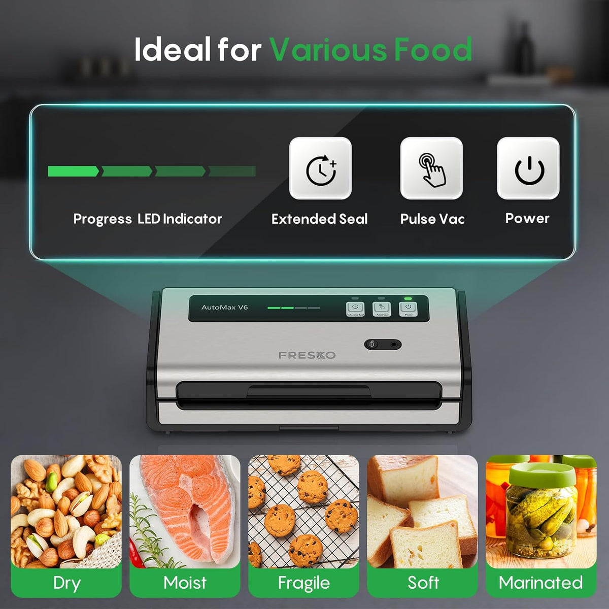 FRESKO Food Vacuum Sealer with Automatic Bag Detection, Double Heat Seal, Built-in Bag Roll Storage & Cutter, 2 Rolls Bags, Starter Kit