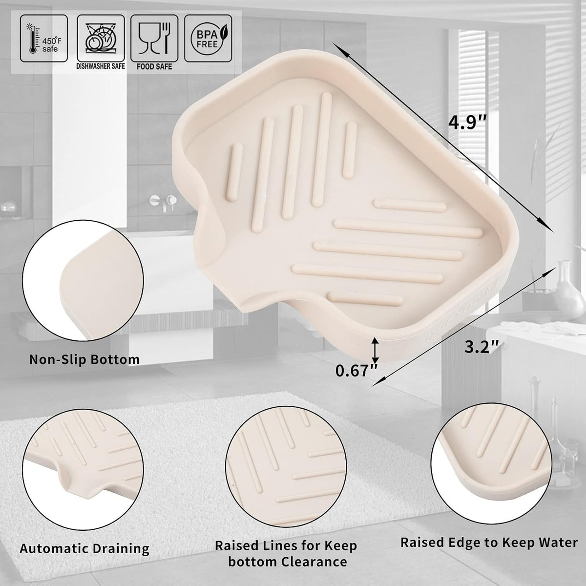 Silicone Bathroom Soap Dishes with Drain Spout-Bathroom and Kitchen Sink Organizer,Sponge Holder,Dish Soap Tray,Perfect for Dispenser,Scrubber,Bottle,Cup on Sink or Counter-Tapioca 4.9"×3.2"