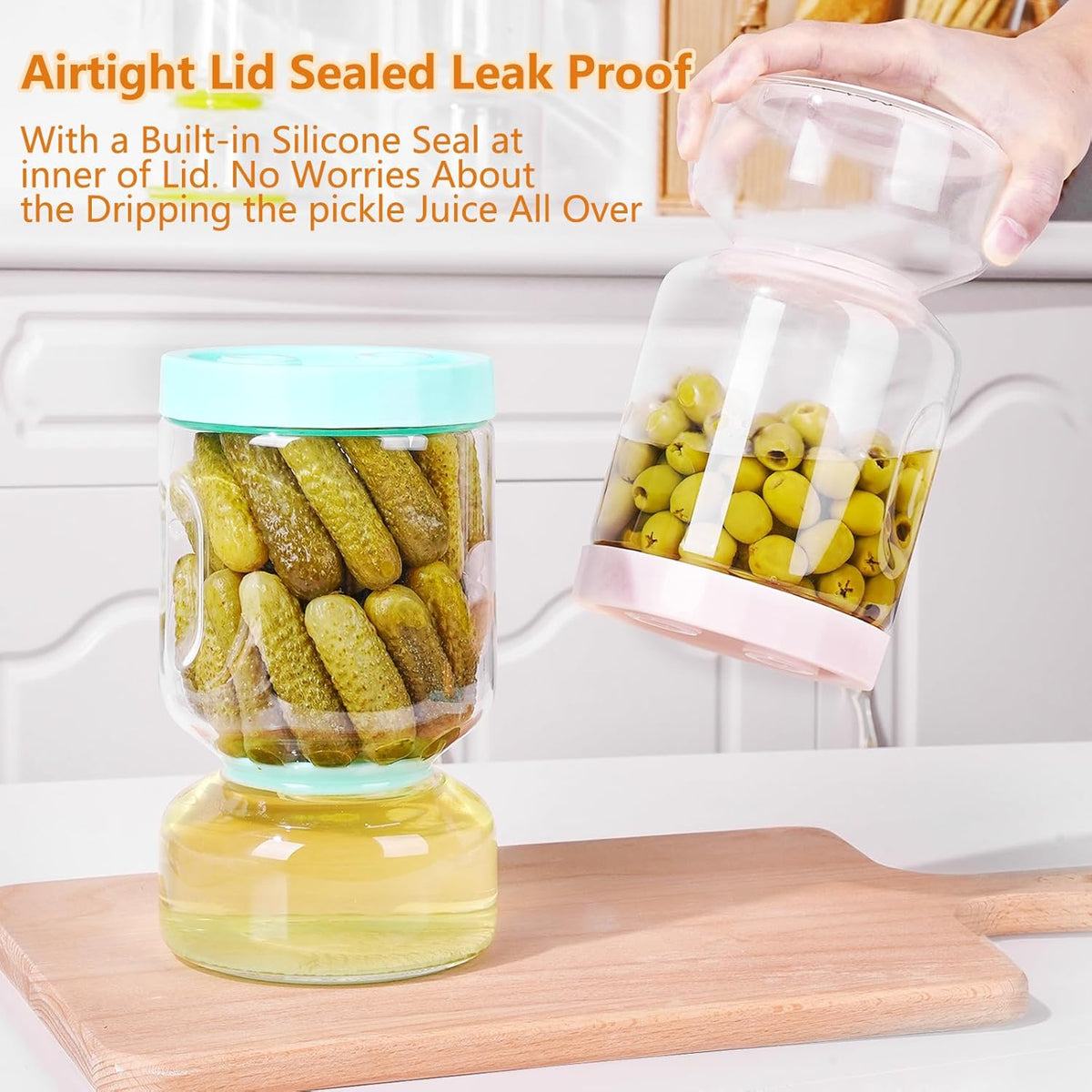 ZENS Pickle Jar with Strainer Flip, 64 oz Pickle Container Pickle Juice Separator Hourglass Jar for Olive Keeper, Leakproof Glass Pickle Holder Jars for Pickling Dill Sliced Storage, Gifts for Mom