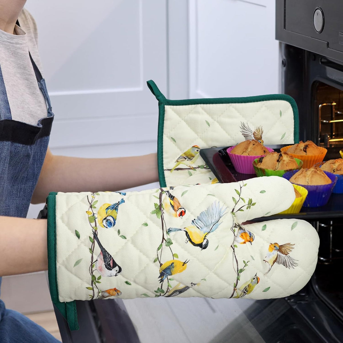 Bird Branch Oven Mitts and Pot Holders Sets 4Pcs, 100% Cotton Heat Resistant, Extra Long Oven Gloves Potholder for Kitchen Cooking Baking Decoration