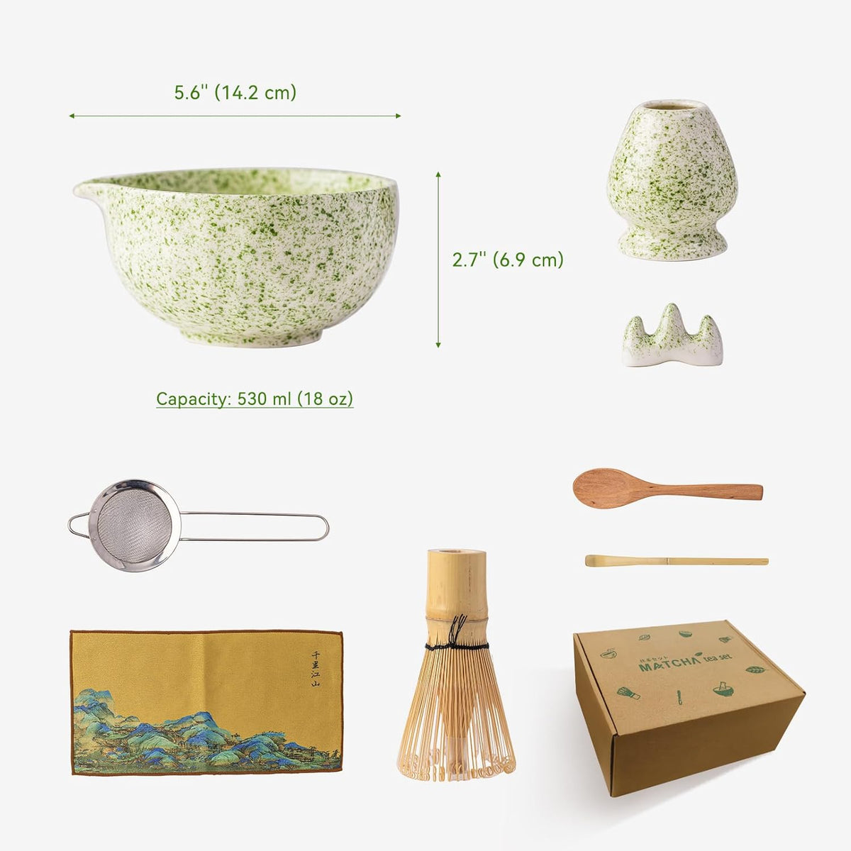 Japanese Matcha Whisk Set,Ceramic Matcha Set Includes Bowl with Spout,Matcha Sifter, Bamboo Whisk and Holder for Matchas Tea,2 Bamboo Scoop, Scoop Rest,Tea Towel -8 Pcs Kit Gift for Matcha Lovers