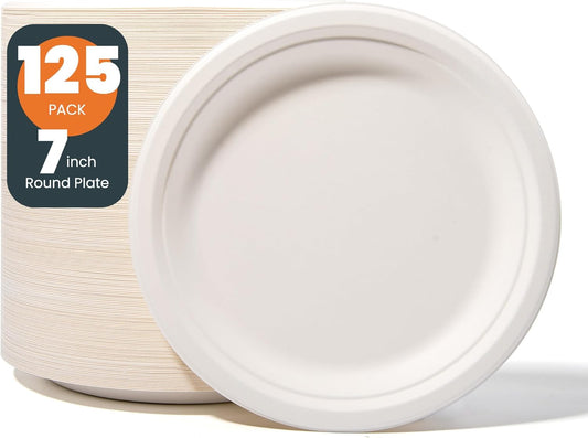 100% Compostable 7 inch Paper Plates, [125-Pack] Disposable Dessert Plates, (BPI Certified)-Heavy Duty, Eco-Friendly Small Paper Plates, Biodegradable Sugarcane Plates, white