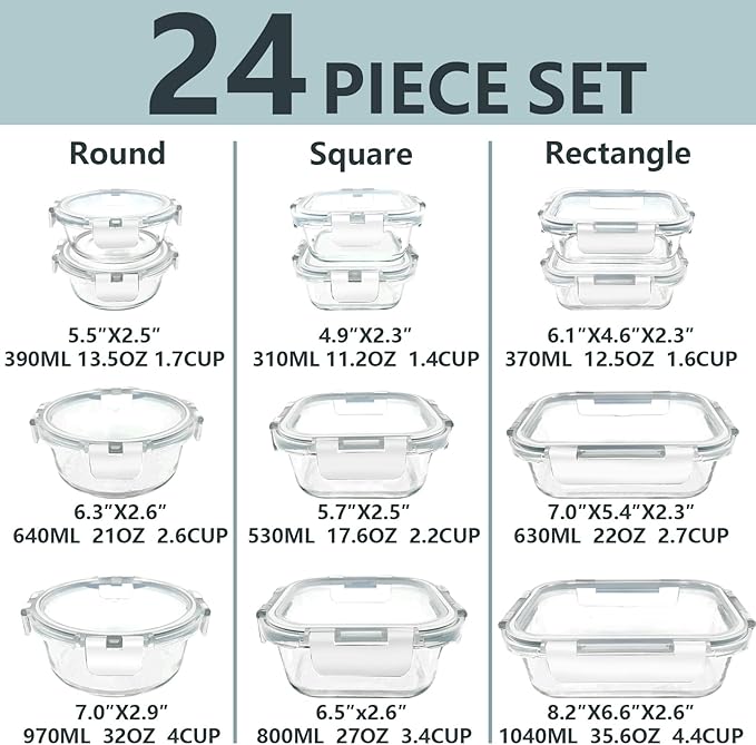 12 Pack Glass Food Storage Container Set with Lids Airtight Leakproof, Stackable Meal Prep & Leftover & Lunch Containers for Microwave, Oven, Freezer and Dishwasher (White)