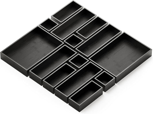 SpaceAid 14-Piece Bamboo Drawer Organizer Storage Boxes Set, Wood Tray Junk Drawer Organizers Multi-Use Divider Bins for Kitchen, Bathroom, Office Desk and Makeup Organization (14 Pack, Black)