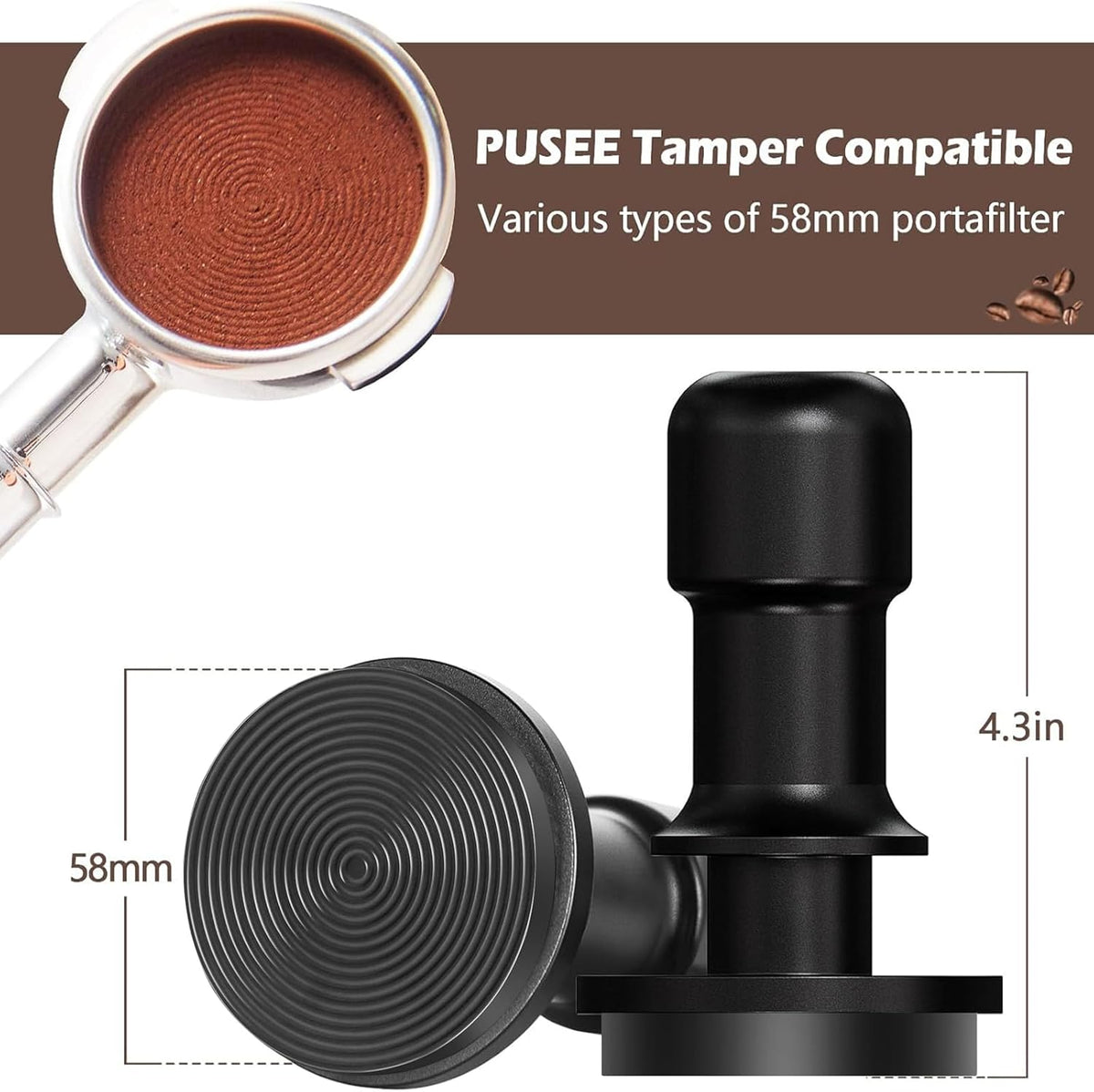 PUSEE 58mm Espresso Coffee Tamper,Premium Calibrated Espresso Tamper 30lb Coffee Tamper with Spring Loaded,Titanium Ripple Plating Base Ground Tamper for Barista Home Coffee Espresso Accessories