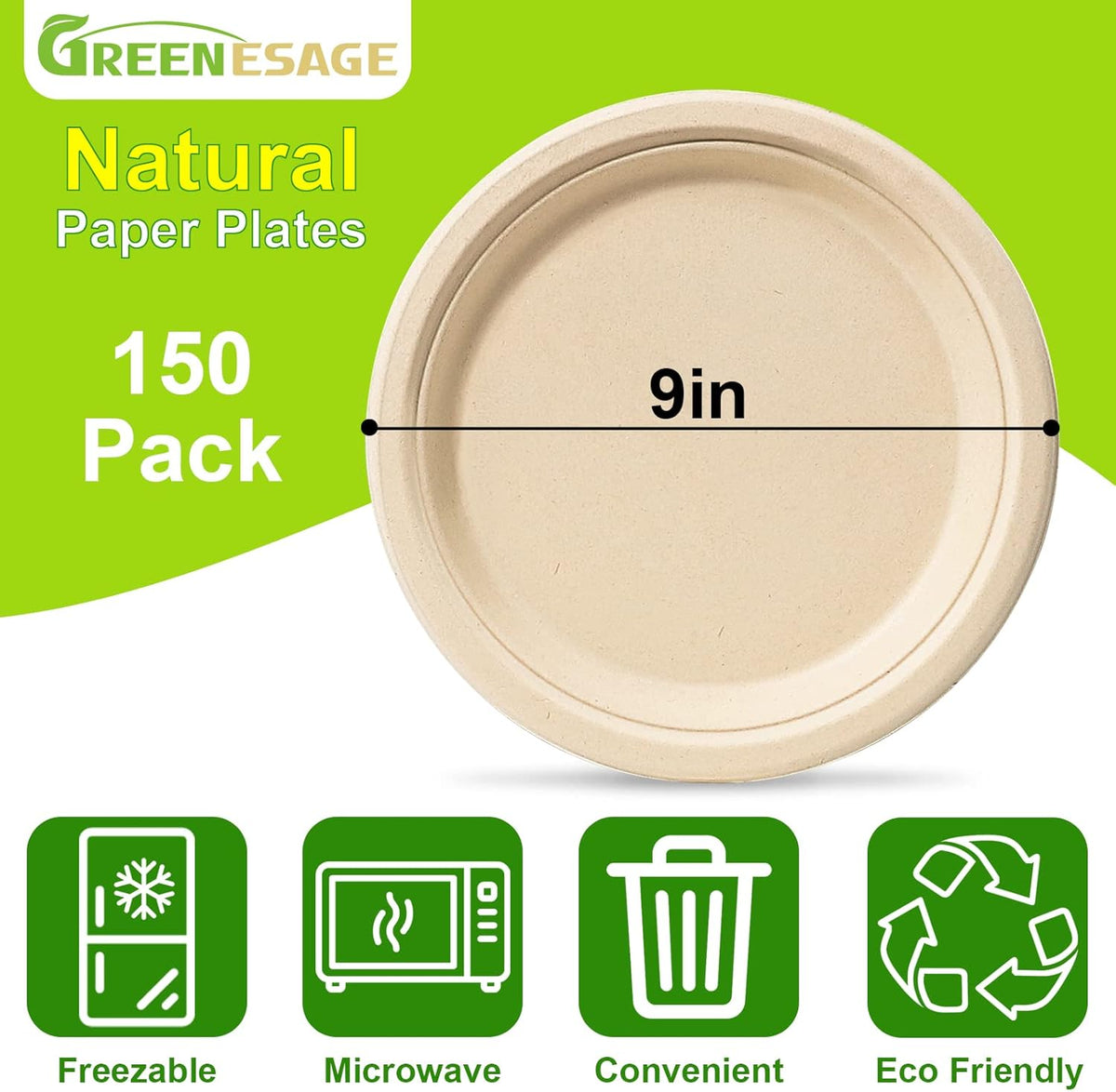 Paper Plates 9 inch, 150 Pack Compostable Paper Plates, Eco Friendly Disposable Plates, Brown Paper Plates Heavy Duty, Sturdy Paper Plates for Everyday, Biodegradable Plates
