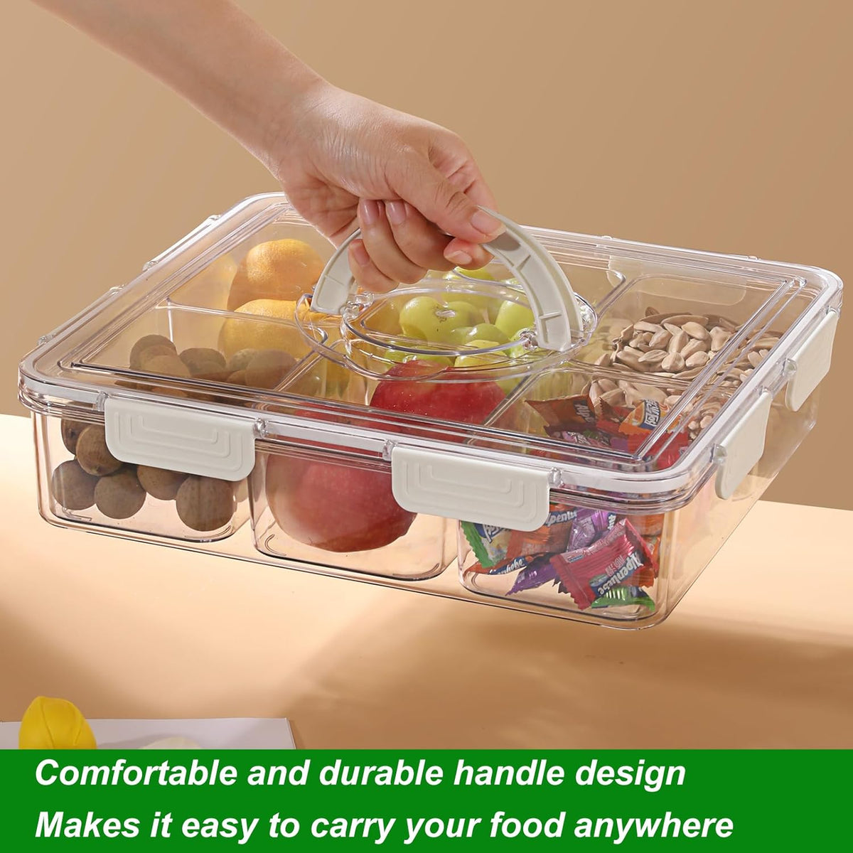 Taiuloo Divided Serving Tray with Lid & Handle, Airtight 6 Compartment Snackle Box Charcuterie Container, Fridge Organizer Bins, Food Storage Container Veggie Tray for Snack, Fruit, Candy, Nuts