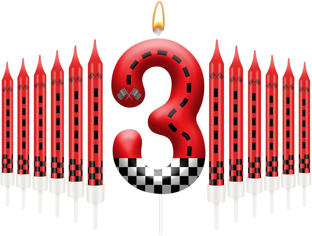 13PCS Racing Car Theme Birthday Candle Set with Checkered Flag Design - Durable Cake Topper for Race Car Party Decorations, Kids Birthday Supplies - Number 3 Candle for Racing-Themed Celebrations