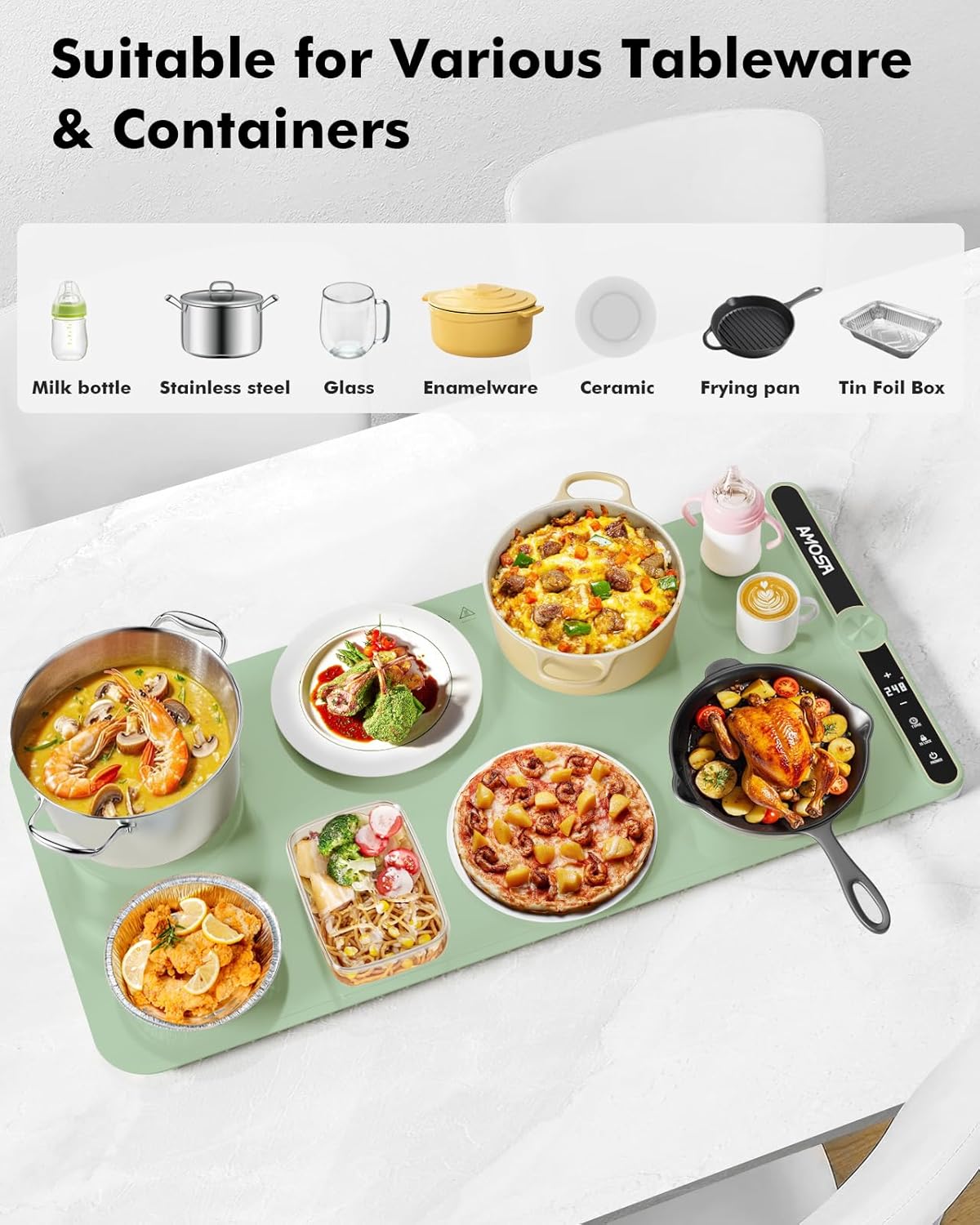Warming Mat for Food, Fast Heating Electric Food Warmer with 9 Level Temperature and 6 Hours Timer, Extra Large Roll Up Silicone Food Warming Mat, Portable Warming Trays for Buffets Party (Green)