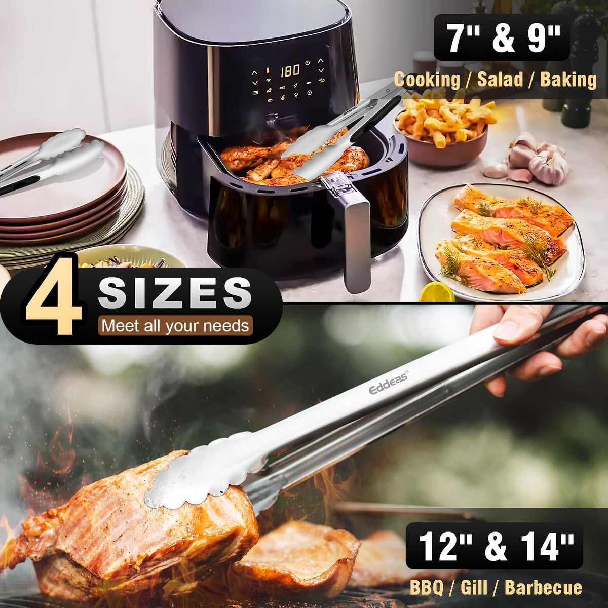 Grill Tongs - BBQ Tongs Heat Resistant 600 Degrees, Heavy Duty Metal, Perfect for Cooking, Grilling, Set of 4, 7",9",12" & 14 inch Black