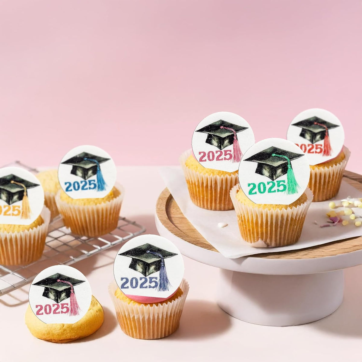 Gyufise 48Pcs Edible 2025 Graduation Theme Cupcake Toppers Wafer Paper Graduate Hat Grad Cap Cupcake Picks 2025 Students Graduation Theme Party Cake Decorations Supplies Multi