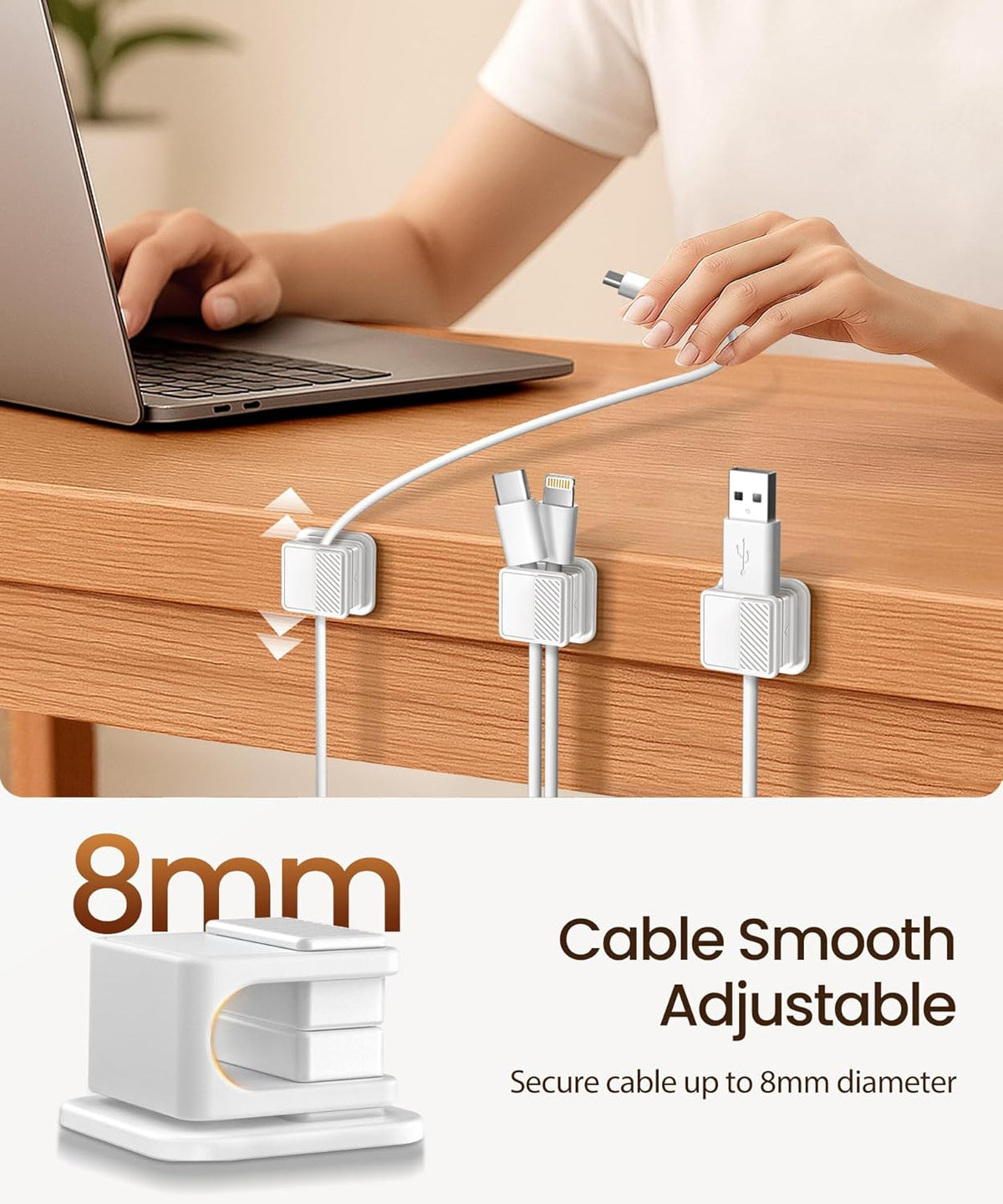 6 Pack Magnetic Cable Clips, Glow in The Dark Cable Holders, GolbinBox Cord Organizer with Shockproof Silicone, Fits up to 8mm Adhesive Cord Clips for Desk, Wall, Nightstand, Car, Home, Office, White