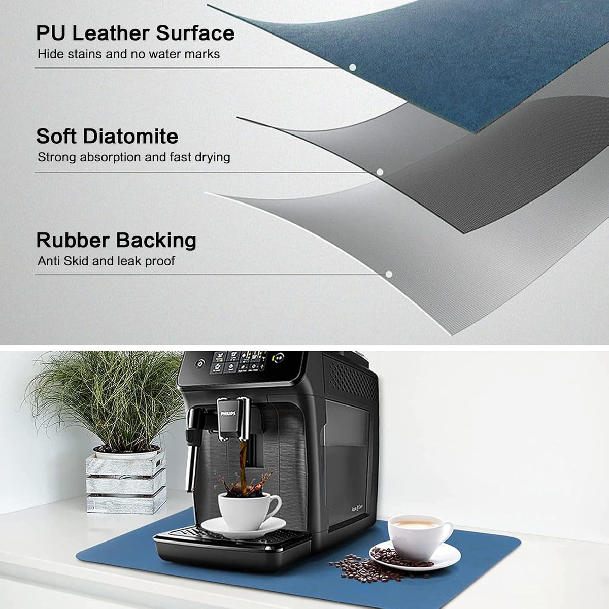 Coffee Mat 12''x19'', Dish Drying Mats for Kitchen Counter Absorbent Hide Stain Bar Mat Coffee Bar Accessories Anti Spill Mat Rubber Backed Fit Under Coffee Maker Espresso Machine Dish Rack (Blue)