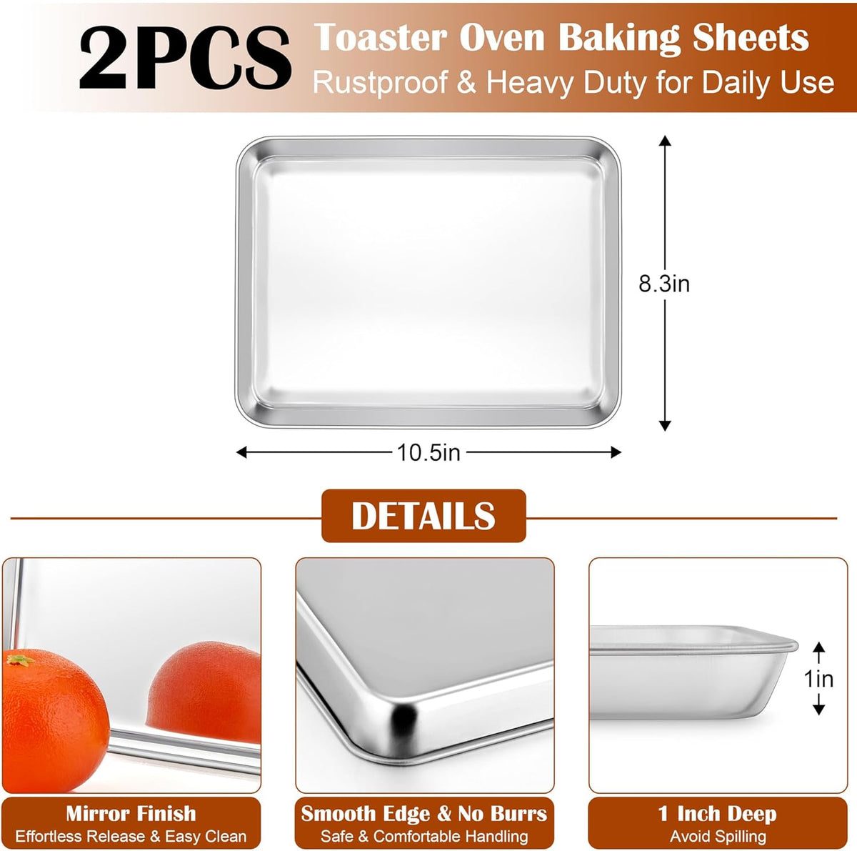 E-far Small Baking Sheet with Wire Rack (2 Pans + 2 Racks), Stainless Steel Cookie Sheets Trays & Cooling Rack for Toaster Oven, Non Toxic & Warp Resistant, Oven & Dishwasher Safe, 10.5 x 8.3 x 1 Inch