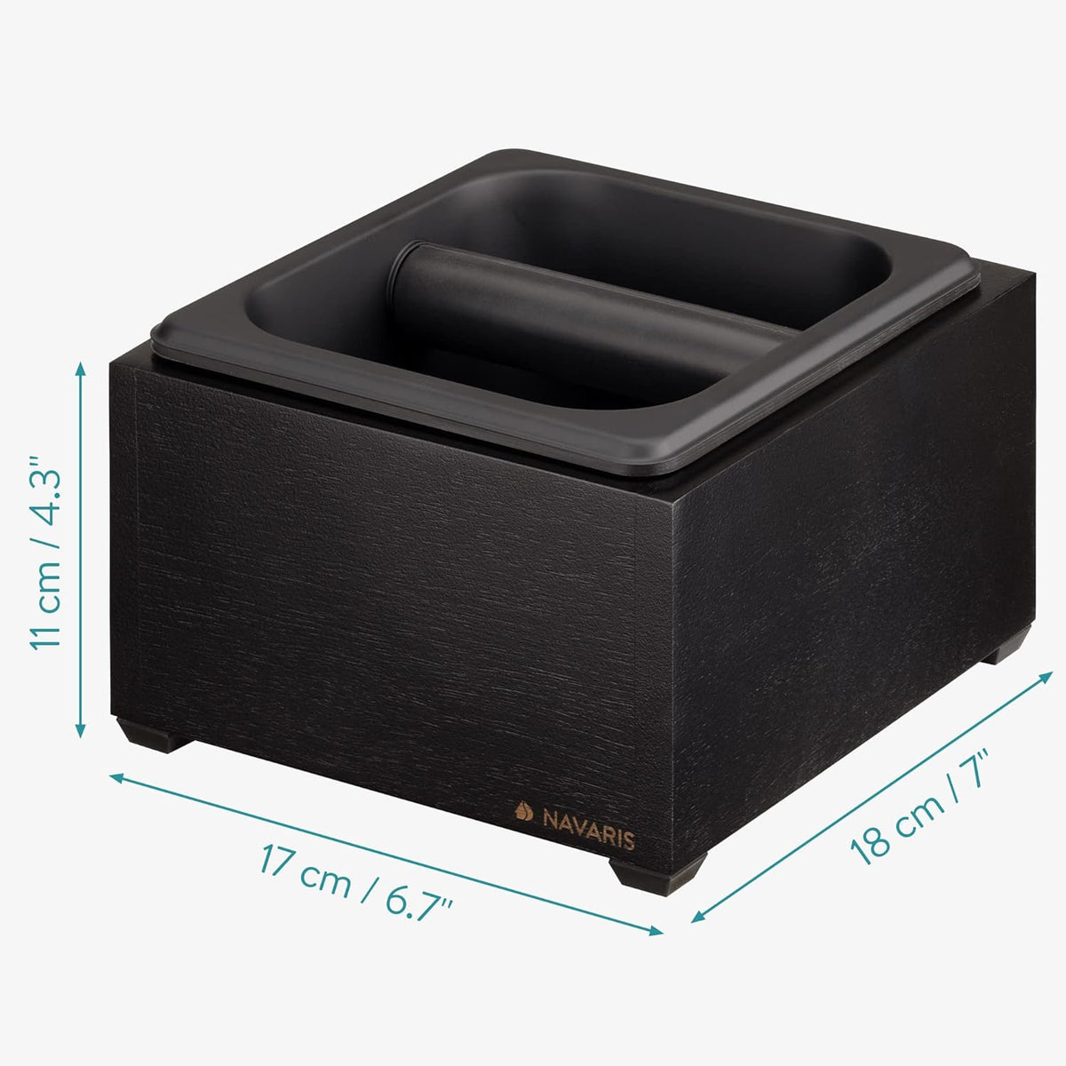 Navaris Coffee Knock Box - Stainless Steel and Wood Bin for Espresso Machine Grounds - With Silicone Bar for Knocking Portafilter Filter Grinds - Black/Black