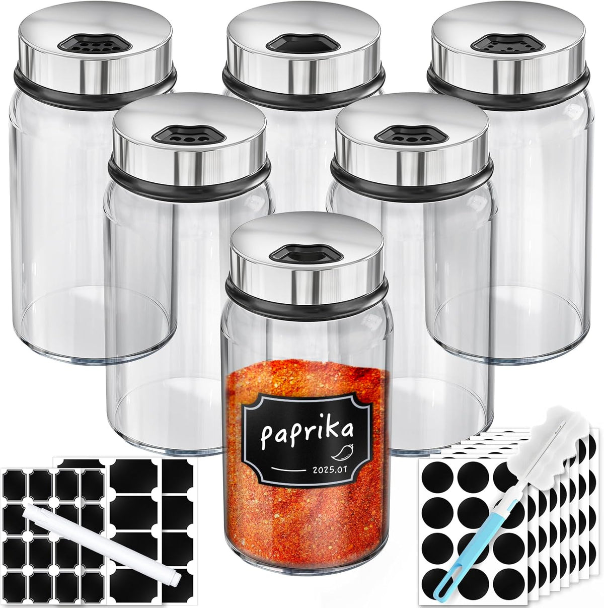 Segarty Glass Spice Jars with Shaker Lid, 6 Pack 6 oz Empty Spice Jar with Labels, Seasoning Containers Spices Bottles Set with 136 Stickers, 1 Chalk Pen, 1 Brush, Salt Pepper Shakers for Kitchen