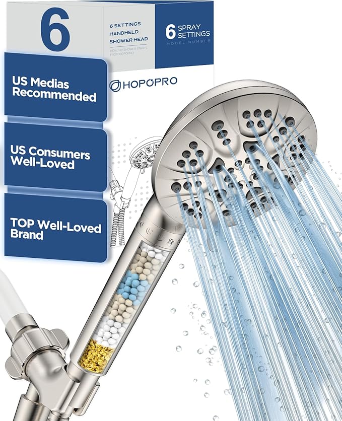 6-Mode High Pressure Handheld Shower Head with Filter, HOPOPRO High Flow Filtered Handheld Showerhead, Water Softener Filters for Hard Water - Removes Chlorine - Improves Skin Hair Condition