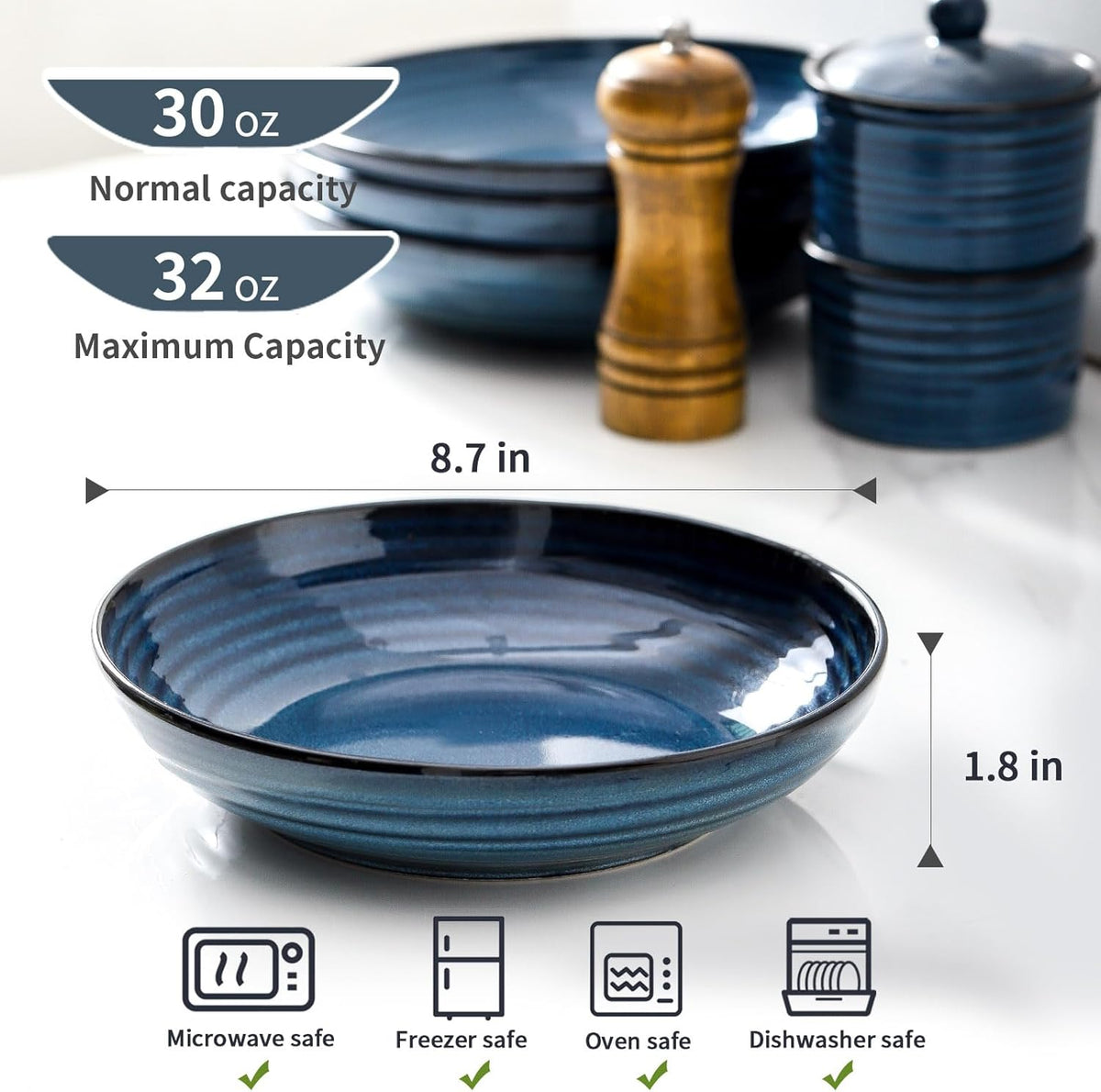 MEKY Ceramic Pasta Bowls, 8.7 Inch Serving Bowls for Salad, 32oz Soup & Fruit, Set of 4,Microwave & Dishwasher Safe, Dinnerware for Family, Entertaining & Everyday Meals (Blue)
